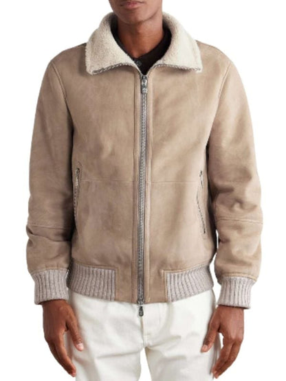 Men's Shearling Collar Beige Suede Bomber Jacket