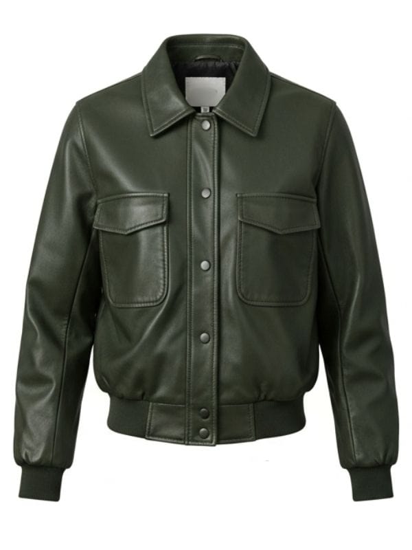 Men's Stylish Olive Green Leather Bomber Jacket