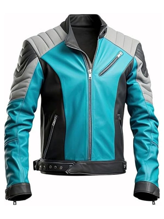 “Men's Turquoise & Black Quilted Slim-Fit Biker Jacket Streetwear Motorcycle Arna Luxe”