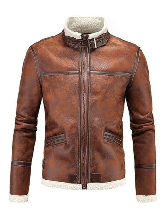 Men’s Vintage Distressed Brown Genuine Sheepskin Bomber Leather Jacket