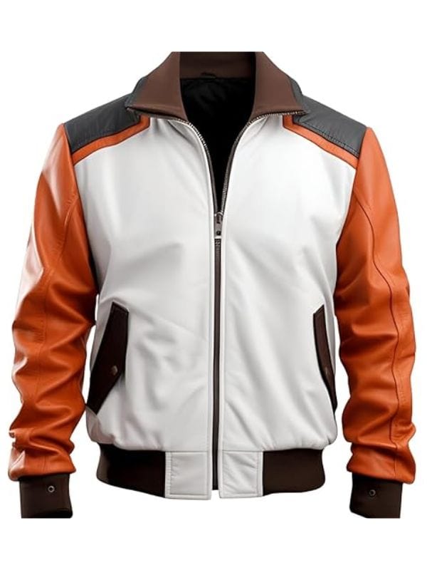 Men's White And Orange Flight Leather Bomber Jacket