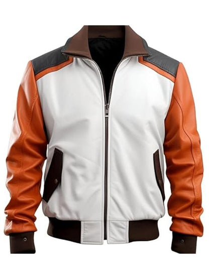 Men's White And Orange Flight Leather Bomber Jacket