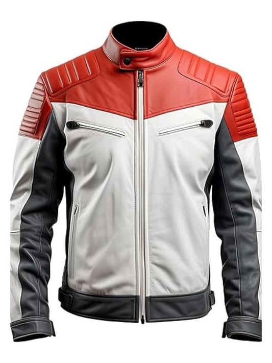 “Men's White & Red Quilted Café Racer Jacket Slim Fit Motorcycle Streetwear Arna Luxe”