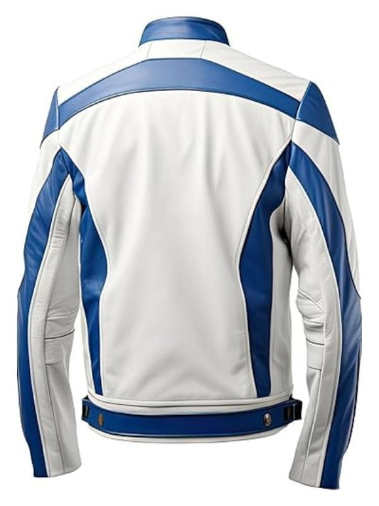 “Men’s White & Royal Blue Café Racer Jacket – Classic Moto Leather Jacket by Arna Luxe”