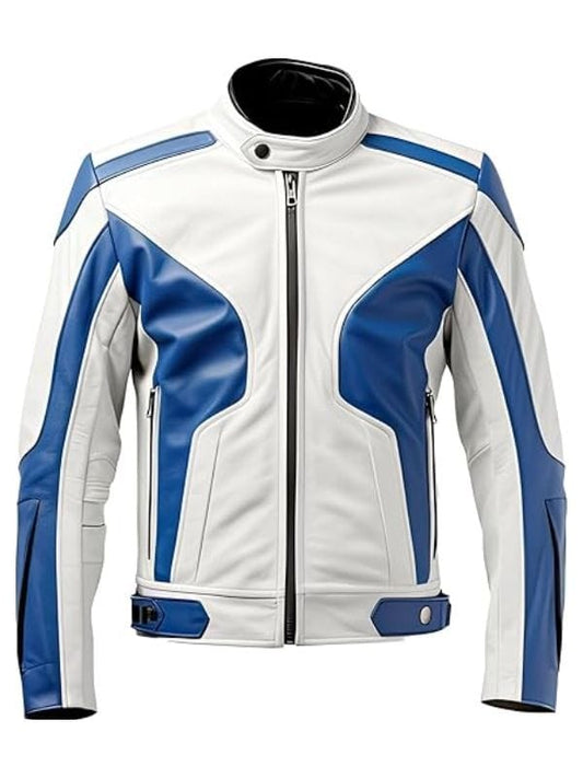 “Men’s White & Royal Blue Café Racer Jacket – Classic Moto Leather Jacket by Arna Luxe”
