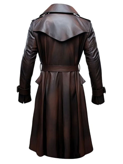 Mens Dark Brown Lapel Collar Leather Trench Coat