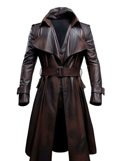 Mens Dark Brown Lapel Collar Leather Trench Coat