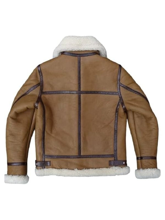 Mens Genuine Sheepskin Military Bomber Aviator Brown Leather Jacket