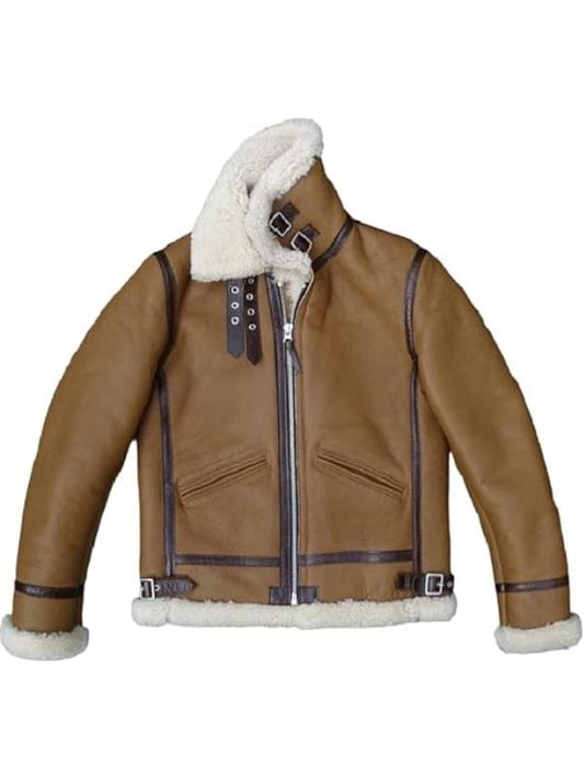 Mens Genuine Sheepskin Military Bomber Aviator Brown Leather Jacket
