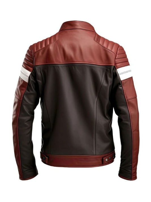 Men’s Maroon Brown Quilted Biker Jacket – Genuine Leather Moto Style with Multi Zippers by Arna Luxe