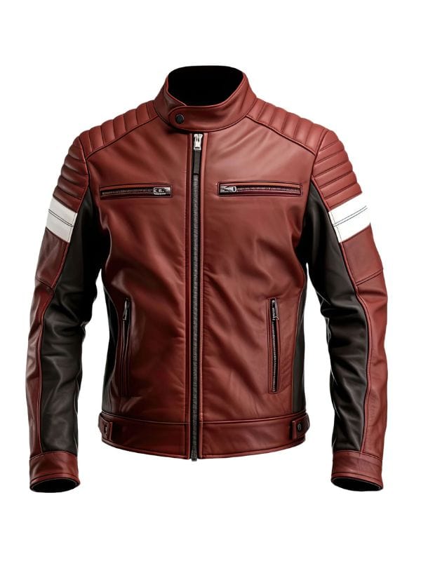 Men’s Maroon Brown Quilted Biker Jacket – Genuine Leather Moto Style with Multi Zippers by Arna Luxe