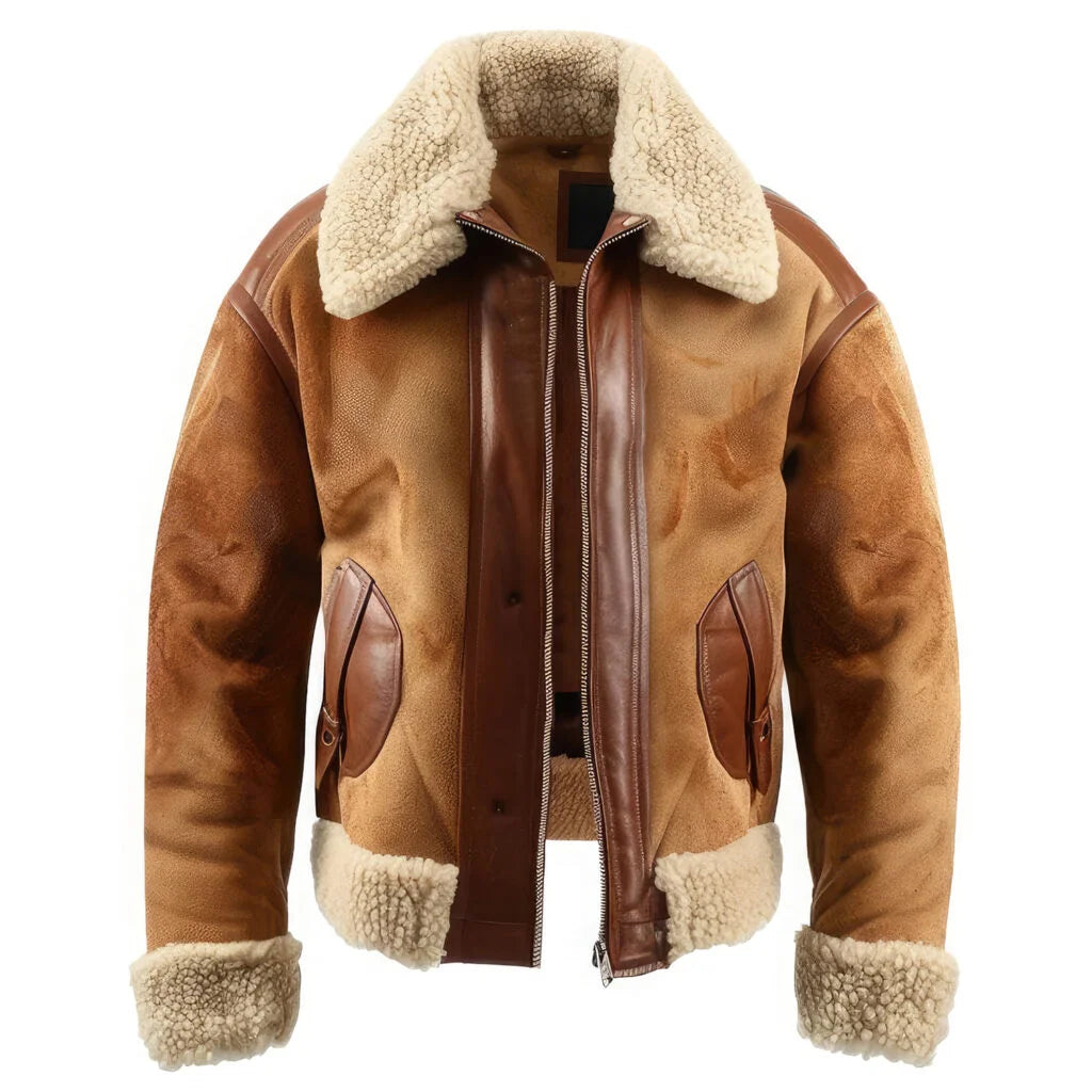 Men's Brown Beige Suede B3 Shearling Jacket - Faux Fur Lined, Warm Winter Aviator Flight Coat