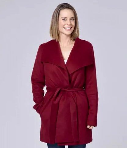 "Women’s red wool trench coat inspired by Maggie O’Donnell from Never Kiss a Man in a Christmas Sweater."