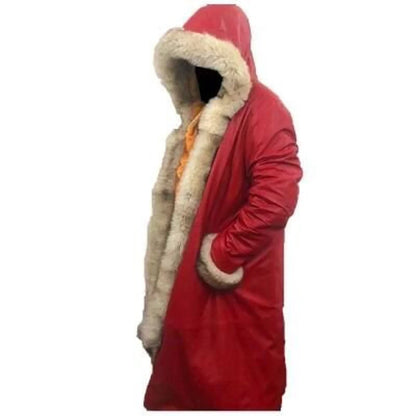 Santa Claus red wool coat inspired by Kurt Russell in The Christmas Chronicles – fur-trimmed festive jacket for men
