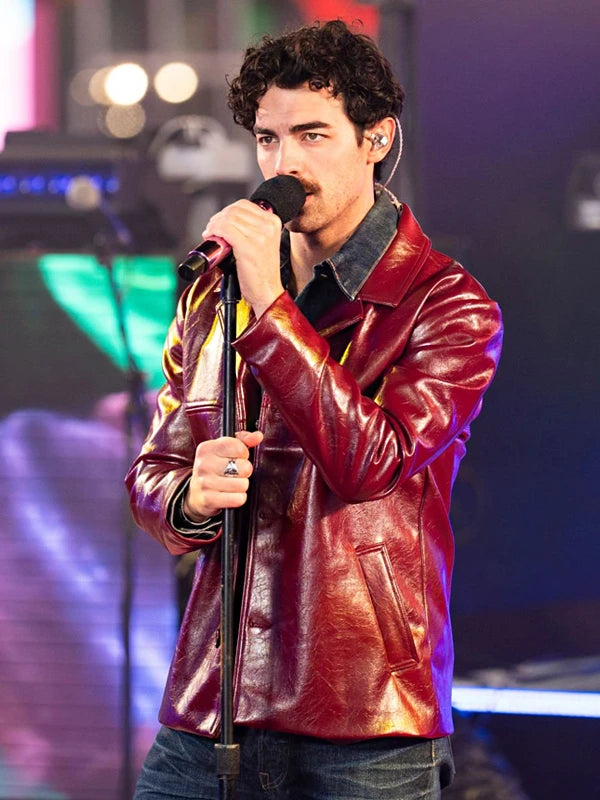 Joe Jonas burgundy leather jacket inspired by New Year’s Rockin’ Eve performance, men’s biker-style winter jacket