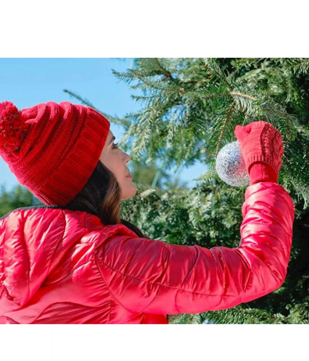 "Red puffer parka inspired by Nicole Graham in The Christmas Promise."