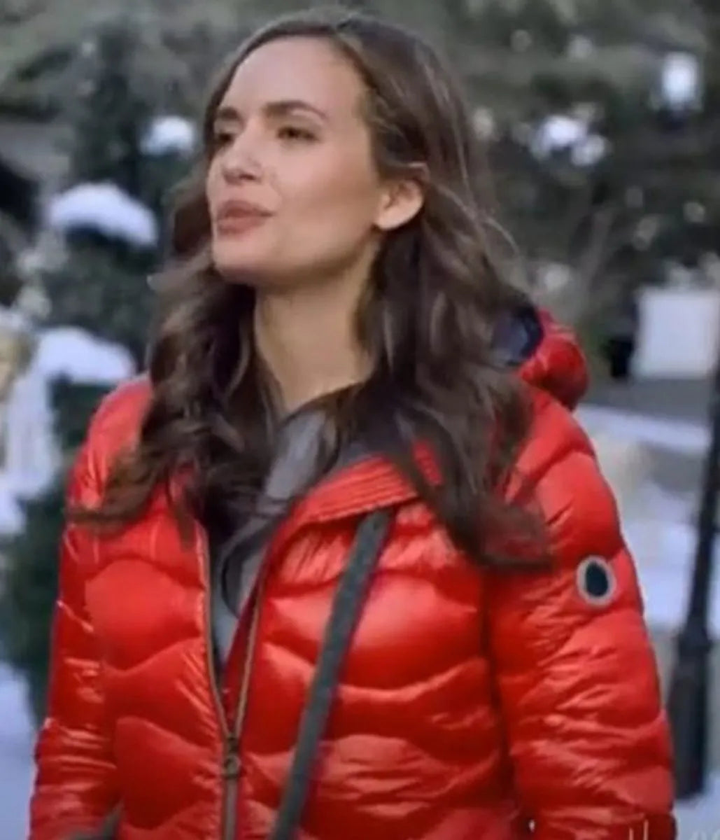 "Red puffer parka inspired by Nicole Graham in The Christmas Promise."