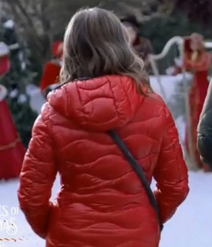 "Red puffer parka inspired by Nicole Graham in The Christmas Promise."