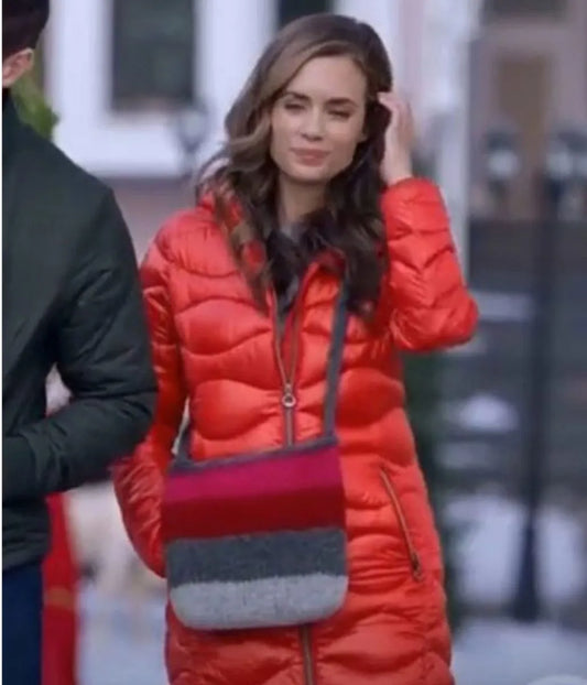 "Red puffer parka inspired by Nicole Graham in The Christmas Promise."