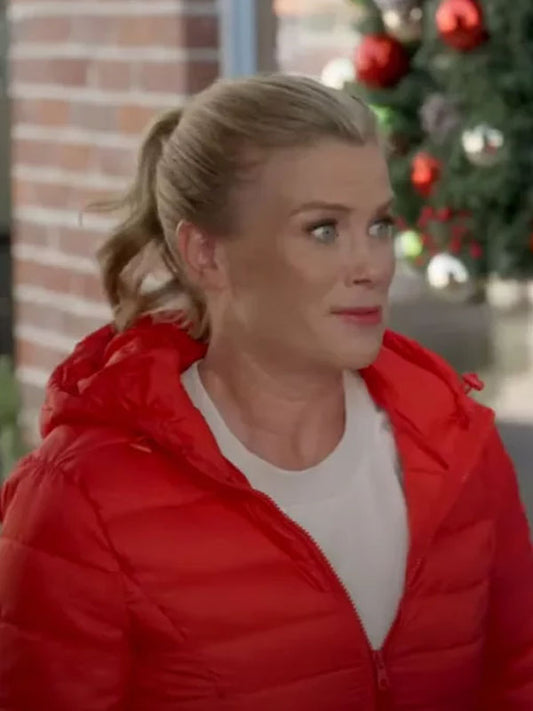 “Summer Ashby Red Puffer Jacket from A Magical Christmas Village – Hooded winter puffer jacket in vibrant red, cozy and festive holiday style”