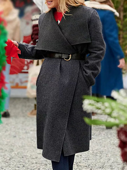 woman wearing Alison Sweeney Gray Wool Coat inspired by Christmas Village