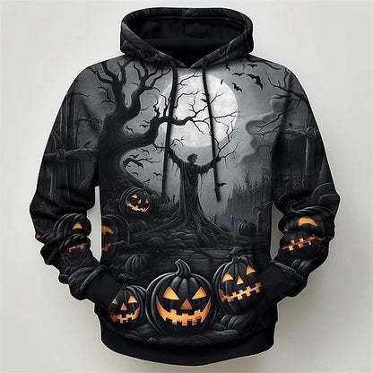 Autumn's Scare: Men's Jack-O-Lantern Print Hoodie for Casual Halloween Wear