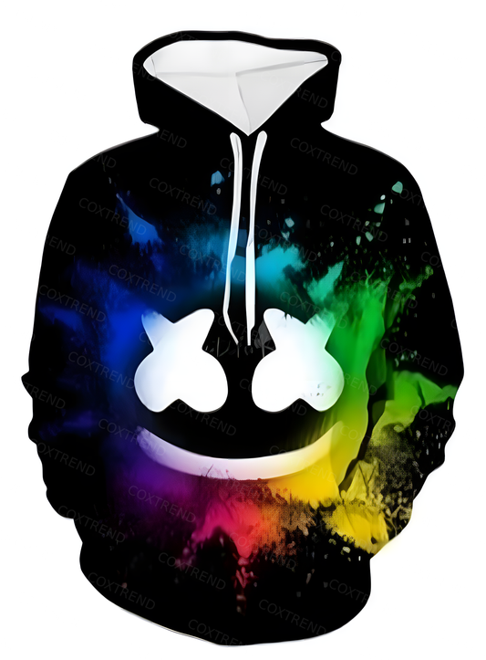 Men’s Joker’s Menace Halloween hoodie with full-face smirk design creepy evil smile print streetwear pullover