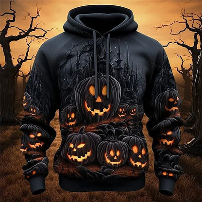 Men's Full Print Hoodie - Frightful Pumpkin Demon Design for Halloween