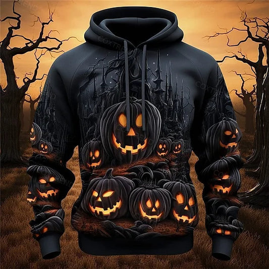 Men's Full Print Hoodie - Frightful Pumpkin Demon Design for Halloween