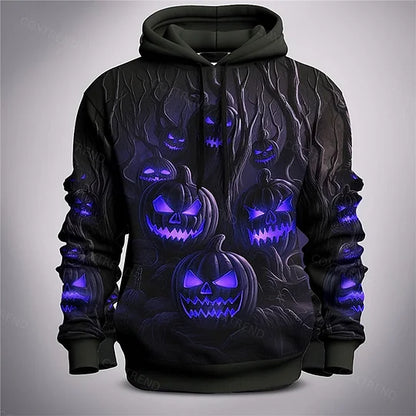 Men's Full-Length Graphic Hoodie - Haunting Halloween Pumpkin Theme