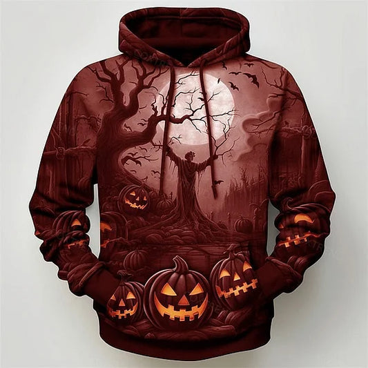 Autumn's Scare: Men's Jack-O-Lantern Print Hoodie for Casual Halloween Wear