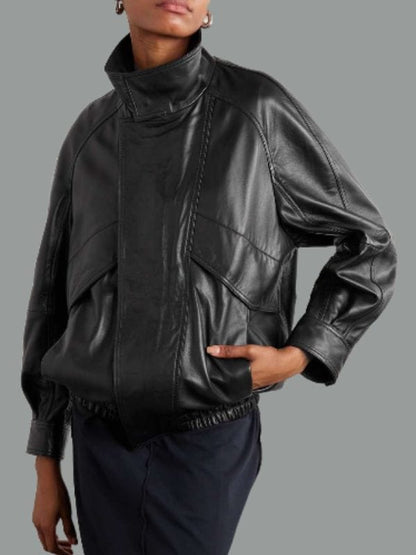 Women's Chic & Comfortable Oversized Black Leather Bomber Jacket