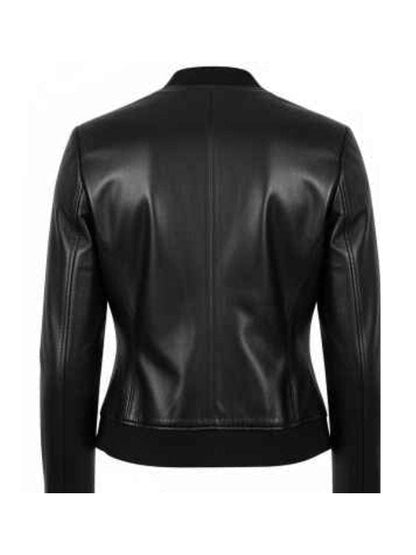 “Women’s Black Leather Bomber Jacket – Classic Ribbed Collar Style by Arna Luxe”