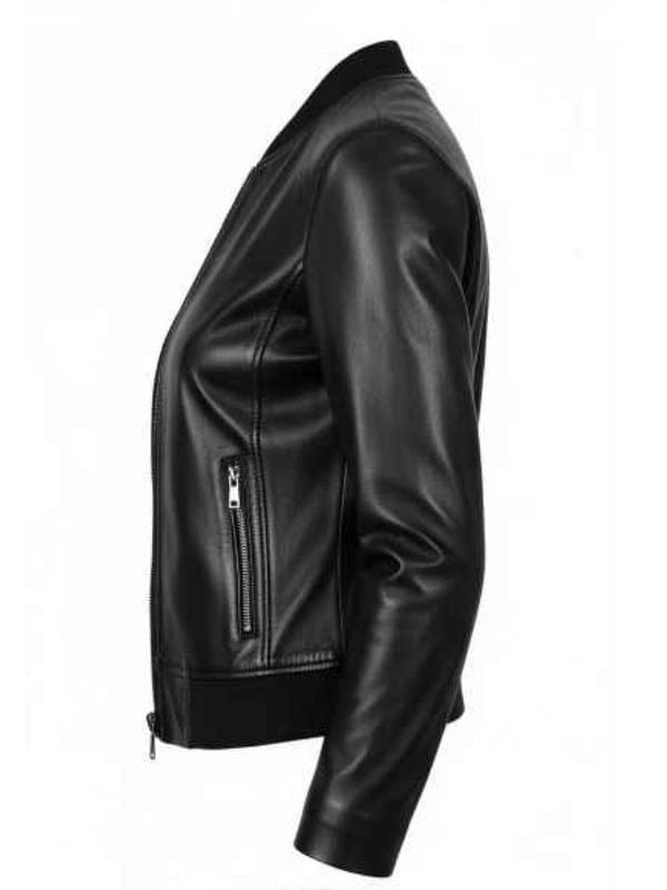 “Women’s Black Leather Bomber Jacket – Classic Ribbed Collar Style by Arna Luxe”