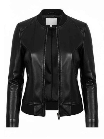 “Women’s Black Leather Bomber Jacket – Classic Ribbed Collar Style by Arna Luxe”