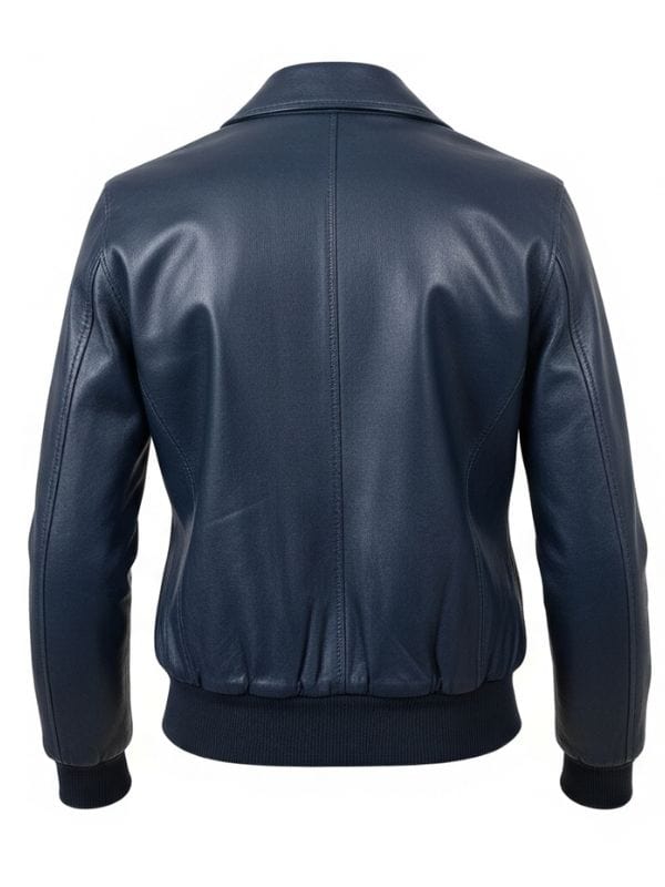 “Women’s Navy Blue Leather Bomber Jacket – Ribbed Cuff & Shirt Collar Style by Arna Luxe”