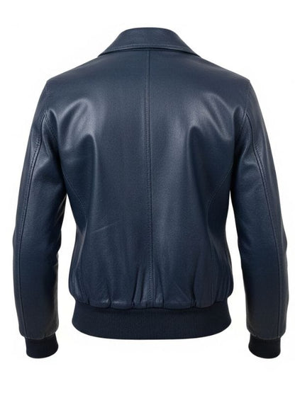 “Women’s Navy Blue Leather Bomber Jacket – Ribbed Cuff & Shirt Collar Style by Arna Luxe”