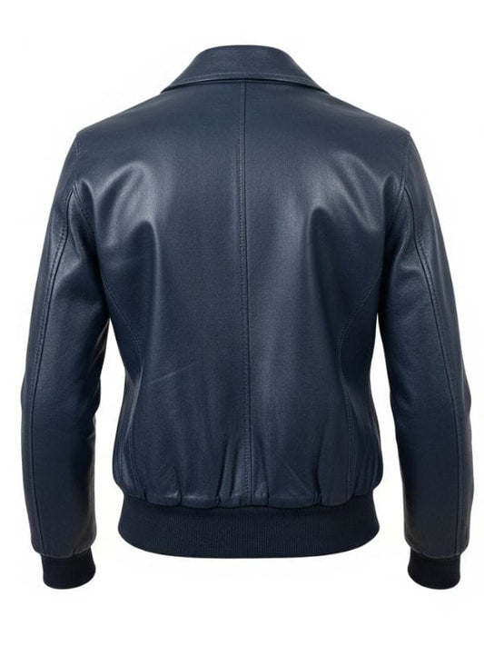 “Women’s Navy Blue Leather Bomber Jacket – Ribbed Cuff & Shirt Collar Style by Arna Luxe”