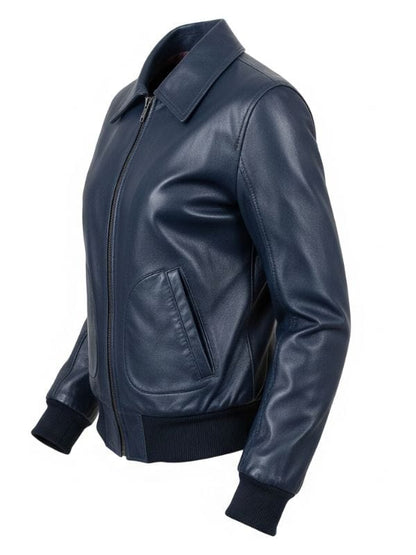 “Women’s Navy Blue Leather Bomber Jacket – Ribbed Cuff & Shirt Collar Style by Arna Luxe”