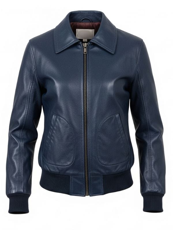 “Women’s Navy Blue Leather Bomber Jacket – Ribbed Cuff & Shirt Collar Style by Arna Luxe”