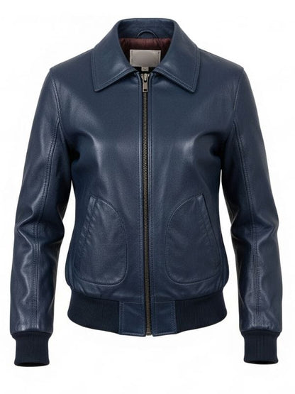 “Women’s Navy Blue Leather Bomber Jacket – Ribbed Cuff & Shirt Collar Style by Arna Luxe”