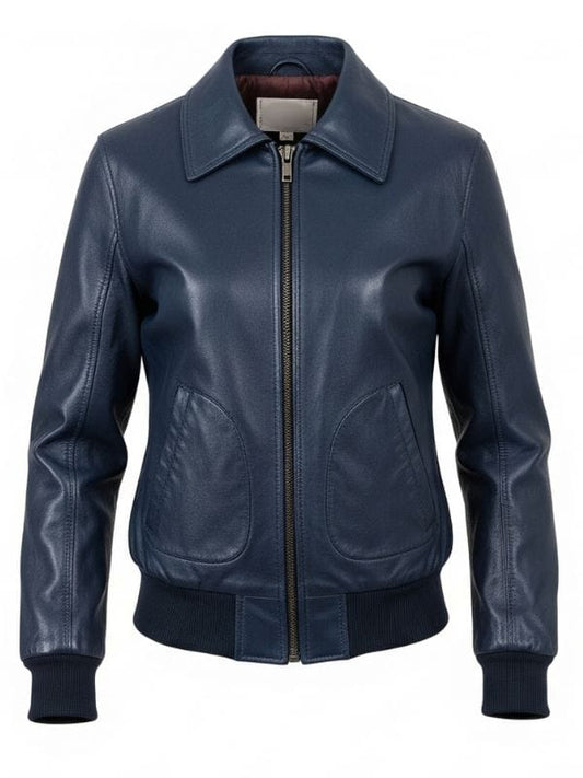 “Women’s Navy Blue Leather Bomber Jacket – Ribbed Cuff & Shirt Collar Style by Arna Luxe”
