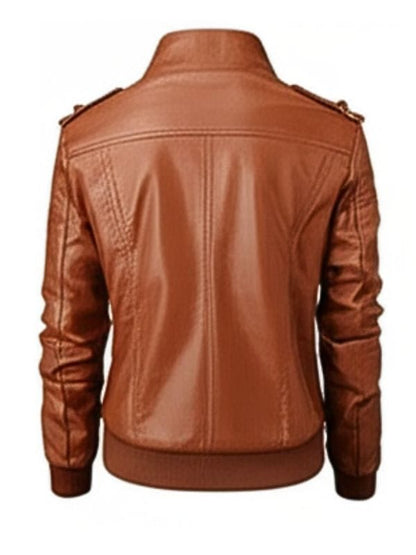 Women's Cognac Brown Leather Bomber Jacket