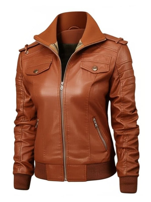 Women's Cognac Brown Leather Bomber Jacket