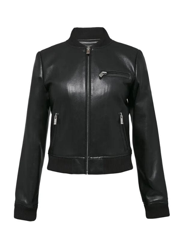 “Women’s Handmade Black Leather Bomber Jacket – Ribbed Collar Style by Arna Luxe”