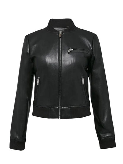 “Women’s Handmade Black Leather Bomber Jacket – Ribbed Collar Style by Arna Luxe”