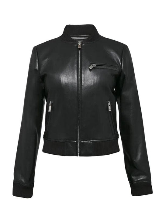 “Women’s Handmade Black Leather Bomber Jacket – Ribbed Collar Style by Arna Luxe”