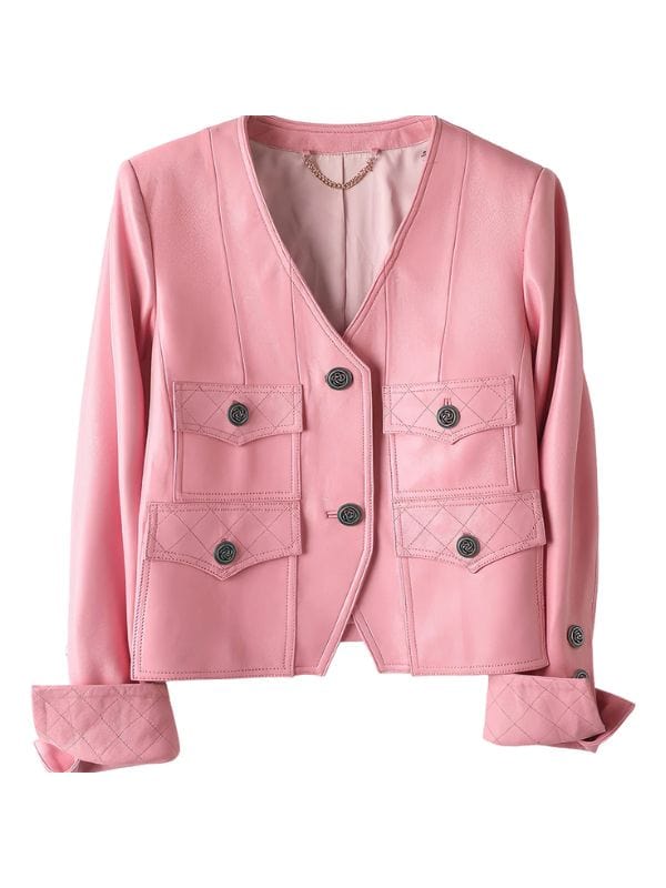 Women’s Lady Cropped Pink Leather Jacket