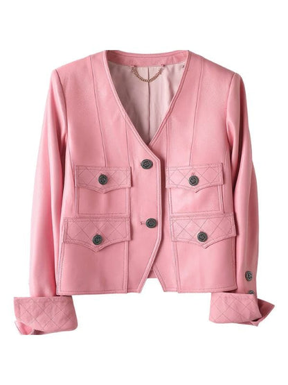 Women’s Lady Cropped Pink Leather Jacket