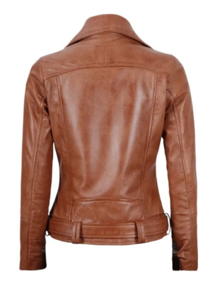 Women's Light Brown Asymmetrical Leather Biker Jacket